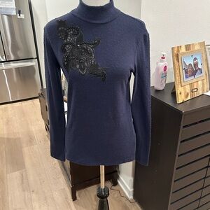 Zara Navy Turtleneck Sweater with Black Lace Detail